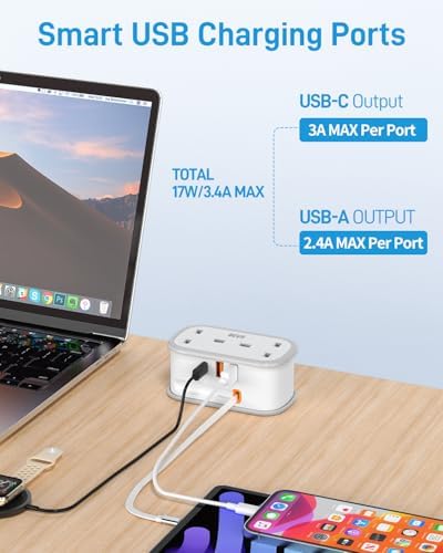 Travel Extension Lead, BEVA Power Strip with Retractable USB C Cable, 2 Way Power Socket with 3 USB Ports (1 USB C), 1.5M Extension Cable Cords for Cruise Travel Hotel Home Office Camping - White - Image 4