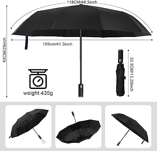 Vicloon Folding Umbrella, Travel Umbrella with LED Light, 10 Ribs Auto Open/Close Golf Umbrella, Compact Windproof Umbrella, Sturdy Reinforced Canopy Automatic Portable Umbrella - Black - Image 2