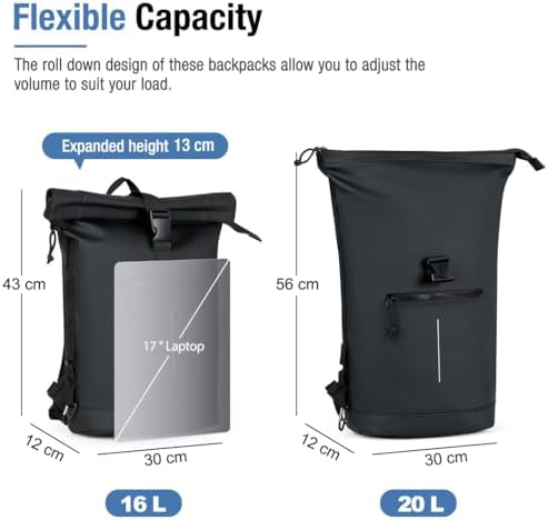 17-Inch Waterproof Laptop Backpack for Men and Women - Lightweight Roll Top Design for School, Travel, Business, Work, and Camping(Black) - Image 3