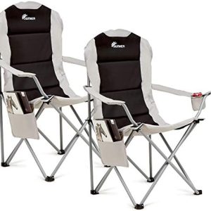 SUNMER Padded Camping Chairs - Set of 2 Deluxe Folding Chairs with Cup Holder and Side Pockets, Holds up to 120kg - Lightweight 3.3kg per Chair - Black & Grey