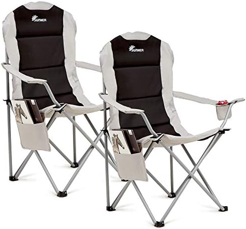 SUNMER Padded Camping Chairs - Set of 2 Deluxe Folding Chairs with Cup Holder and Side Pockets, Holds up to 120kg - Lightweight 3.3kg per Chair - Black & Grey