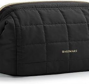 BAGSMART Makeup Bag Travel Cosmetic Bag, Puffy Padded Make Up Bags for Women Large Capacity Makeup Organizer Case, Wide-Open Pouch Purse Travel Essentials Toiletries Accessories Brushes, Black