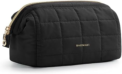 BAGSMART Makeup Bag Travel Cosmetic Bag, Puffy Padded Make Up Bags for Women Large Capacity Makeup Organizer Case, Wide-Open Pouch Purse Travel Essentials Toiletries Accessories Brushes, Black