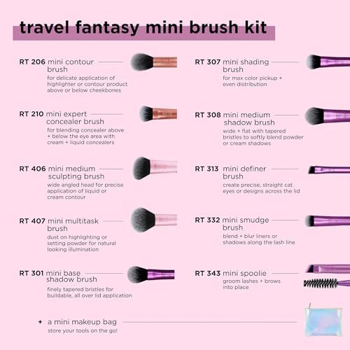 Real Techniques Travel Fantasy Mini Brush Kit, Makeup Brushes For Eyeshadow, Highlight, Contour, Powder, and Concealer, Travel-Sized Brushes and Cosmetic Bag, Synthetic Bristles, 11 Piece Set - Image 3