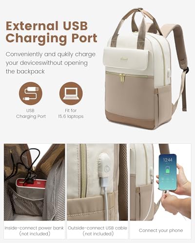 LOVEVOOK Backpack Womens, 15.6 Inch Fashion Laptop Rucksack Bag for Ladies, Lightweight Computer Backpack Work Bag with USB Port, Casual Daypacks Back Pack for School Uni Travel, Beige Khaki - Image 6