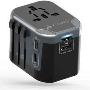AUNNO Universal Travel Adapter, International Travel Plug Adapter with 2 USB-C and 2 USB Ports, All in One Plug Adaptor with Dual Safety Fuses, UK to European Plug Adaptor for EU USA Australia etc