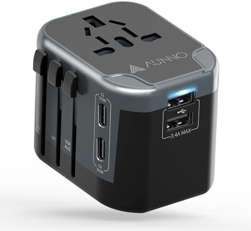 AUNNO Universal Travel Adapter, International Travel Plug Adapter with 2 USB-C and 2 USB Ports, All in One Plug Adaptor with Dual Safety Fuses, UK to European Plug Adaptor for EU USA Australia etc