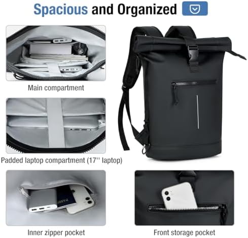 17-Inch Waterproof Laptop Backpack for Men and Women - Lightweight Roll Top Design for School, Travel, Business, Work, and Camping(Black) - Image 4