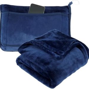 JETHMA 2 In 1 Soft Travel Blanket - Flannel Airplane Blanket Pillow with Luggage Strap and Buckle - Portable Compact Flight Blanket for Cars, Camping - 63x39 (Navy)