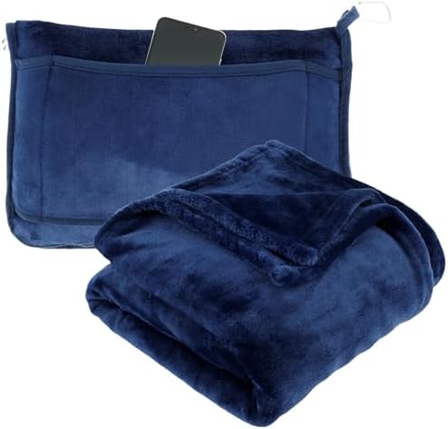 JETHMA 2 In 1 Soft Travel Blanket - Flannel Airplane Blanket Pillow with Luggage Strap and Buckle - Portable Compact Flight Blanket for Cars, Camping - 63x39 (Navy)