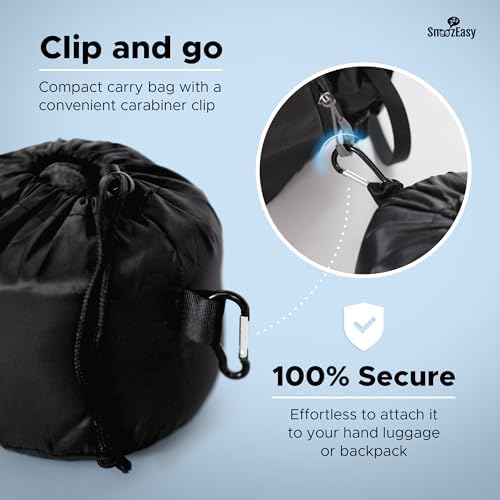 SnoozEasy™ Travel Pillow for Adults | High-Density Memory Foam Neck Pillow for Airplane | Adjustable Flight Travel Cushion with Eye Mask, Ear Plugs, Carry Bag & Carabiner Clip | UK Brand - Image 4