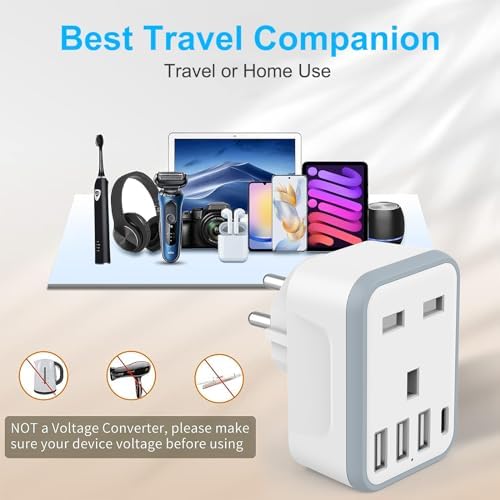 European Travel Adapter - 5 in 1 UK to EU Adapter with 4 USB Ports, UK to Turkey Travel Plug, Grounded Schuko Plug for Germany, France, Spain, Portugal, Poland, Austria (Type E/F) - Image 5
