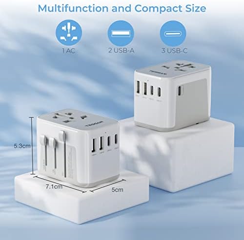TESSAN Universal Travel Adapter 28W, Worldwide Plug Adaptor with 2 USB A and 3 USB C Ports, International Travel Adapter for EU, UK, USA, AU, Power Socket Charger for Multi Countries, Grey White - Image 3