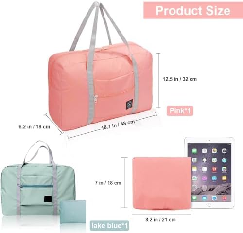 Foldable Travel Duffel Bag, 2 PCS Portable Luggage Foldable Storage Bag, Waterproof Lightweight Carry-on Bags for Sports Gym Vacation (Light Blue Light Pink) - Image 2