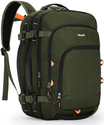 Tolaccea 35-45L Travel Laptop Backpack, Carry On Backpacks,Travel Rucksack Cabin Size, TSA Friendly Flight Approved Hand Luggage Backpacks Fit 15.6 Inch Laptop, Business Rucksack (Army Green)