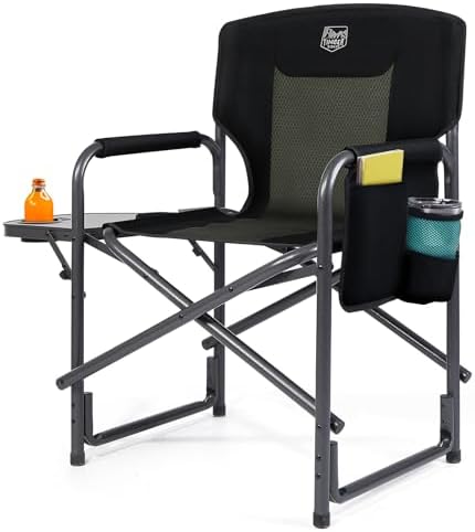 TIMBER RIDGE Camping Chair Heavy Duty 180kg Capacity, Directors Chair Folding Aluminum with Side Table, Portable for Outdoor Festival BBQs Black