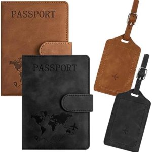 2 Pcs Passport Holder, Luggage Tag, PU Leather Passport Cover for Credit Card, Money, Business Cards, Passport, Boarding Passes for Women Men (Black+Brown)