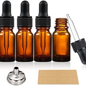 AOZITA 4 x 10ml Amber Brown Glass Bottles with Dropper Pipettes - Come with 1 Stainless Steel Funnel & 4 Lables - Tincture Dropper Bottles for Essential Oils, Aromatherapy Blends, Liquids