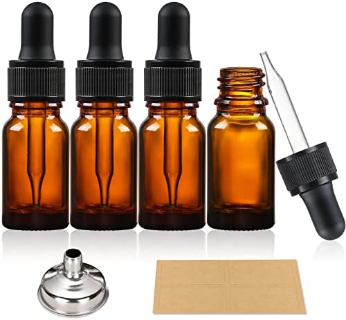 AOZITA 4 x 10ml Amber Brown Glass Bottles with Dropper Pipettes - Come with 1 Stainless Steel Funnel & 4 Lables - Tincture Dropper Bottles for Essential Oils, Aromatherapy Blends, Liquids