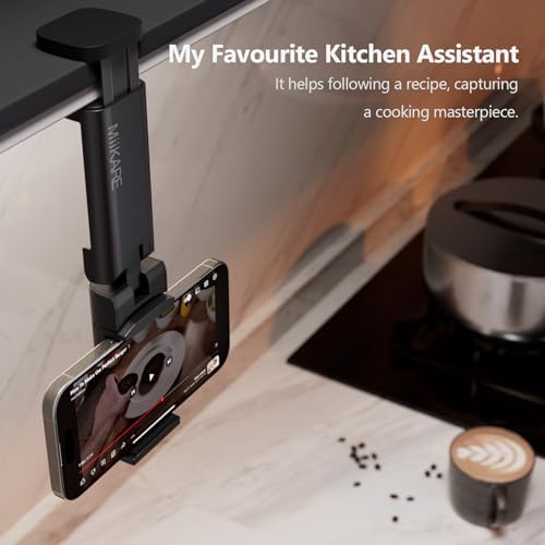 MiiKARE Phone Stand Universal Mount Phone Holder 360 Degree Rotating Adjustable Phone Clamp Compatible with iPhone Android Phones Portable Phone Mount for Airplane Trays Desk Bed Cabinet-Black - Image 5