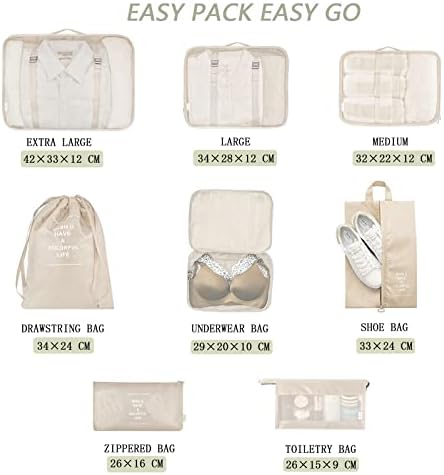 SHAINE Packing Cubes 8pcs Compression Luggage Organiser Bags Waterproof Travel Essentials for Flying Suitcase (QC01BE-DDD), Beige - Image 3