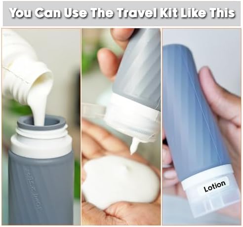 Laxen 5 Pack Travel Bottles for Toiletries with Labels, 100ML Silicone Travel Bottles Set with Clear Zipper Toiletry Bag, Leakproof Refillable Squeeze Travel Size Containers for Shampoo Conditioner - Image 6