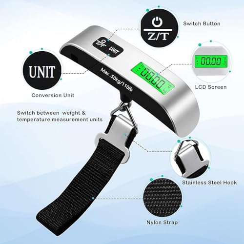 Digital Luggage Scale, Portable Luggage Weight Scale, Hanging Suitcase Weigher for Travel, Suitcase Scale with Temperature Measurement Function 110 lb/ 50KG Capacity - Image 3