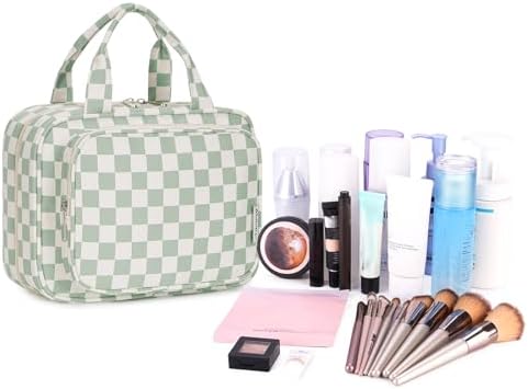 Narwey Checkered Hanging Travel Toiletry Bag for Women Wash Bag Cosmetics Makeup Bag Organizer for Travel Size Accessories(Checkerboard Mint Green (Medium)) - Image 7