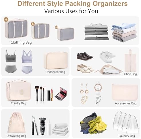 BESBESME 12PCS Packing Cubes for Suitcase Luggage Travel Packing Organizers Set with Cosmetics Bag Travel Essentials Bag Storage Bags Beige - Image 3