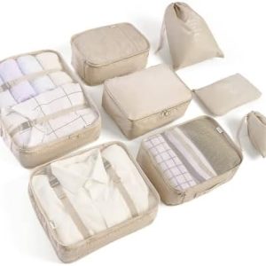 BillyBath Suitcase Organiser Set, Packing Cubes Clothes Bags Shoe Bag Cosmetic Travel Organiser Packing Bags for Suitcases (8 Pieces, Beige)