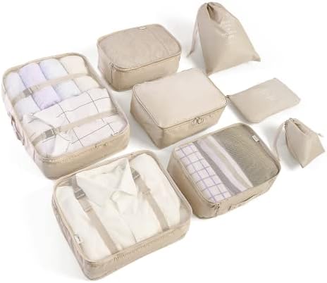 BillyBath Suitcase Organiser Set, Packing Cubes Clothes Bags Shoe Bag Cosmetic Travel Organiser Packing Bags for Suitcases (8 Pieces, Beige)