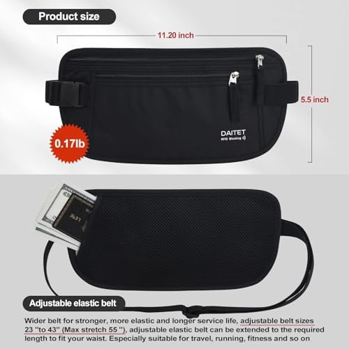DAITET Money Belt - Passport Holder Secure Hidden Travel Wallet with RFID Blocking, Undercover Fanny Pack (Black) - Image 4