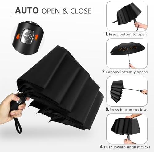 Umbrella, Windproof Travel Umbrella - Compact Automatic Folding Umbrellas for Rain, 12 Ribs Wind Resistant Portable Umbrellas for Single Hand Use, Small,Light, Strong Backpack Umbrella, Black - Image 4