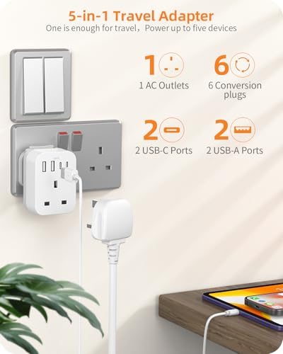 UK to Worldwide Travel Adapter Set, Travel Adaptor Kit with 4 USB Ports (2 USB C), International Plug Adapter with 6 Removable Plug - Image 3