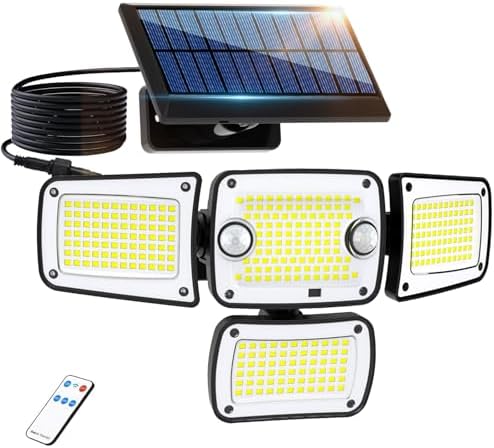 Solar Security Lights Outdoor with Motion Sensor, Four Heads Solar Powered Floodlights, IP65 Waterproof with Remote,Walk Way Lights for Outside,Garage,Garden,Backyard,Driveway,Patio