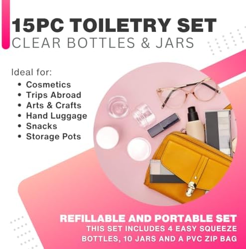 15pc Travelling Toiletry Set - 4 Easy Squeeze Bottles, 10 Jars and a Zip Up Storage Bag, Hand Luggage Cosmetic Containers, Holiday Toiletries Bottles, Clear Refillable & Portable Travel Set - Image 3