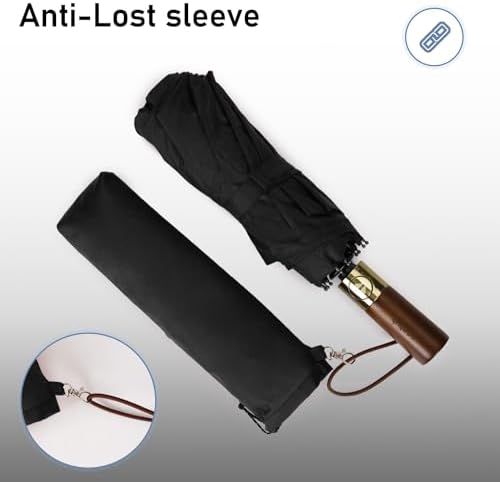 ECOHUB Travel Umbrella Windproof Strong With Compact Foldable, Automatic Open/Close, 10 Sturdy Ribs, Recycled PET Fabric, Wooden Handle & Ventilated Waterproof Canopy - Anti-Lost Sleeve, Black - Image 5