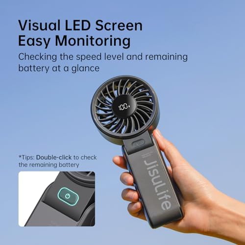 JISULIFE Handheld Fan Life7 – Ultimate Flexibility: High-Power Motor, LED Display, 5000mAh Rechargeable, 5-Speed, Foldable Design, 3-IN-1 Portable Hand/Desk/Neck Fan for Travel, Gift for Women (Black) - Image 5