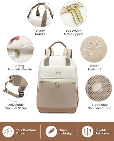 LOVEVOOK Backpack Womens, 15.6 Inch Fashion Laptop Rucksack Bag for Ladies, Lightweight Computer Backpack Work Bag with USB Port, Casual Daypacks Back Pack for School Uni Travel, Beige Khaki - Image 4