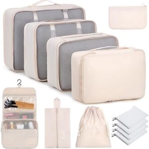 BESBESME 12PCS Packing Cubes for Suitcase Luggage Travel Packing Organizers Set with Cosmetics Bag Travel Essentials Bag Storage Bags Beige