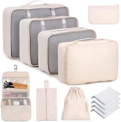 BESBESME 12PCS Packing Cubes for Suitcase Luggage Travel Packing Organizers Set with Cosmetics Bag Travel Essentials Bag Storage Bags Beige