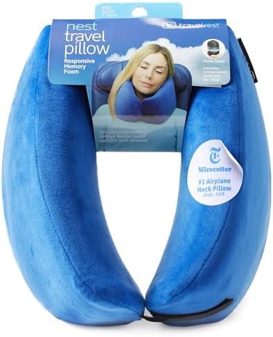 Travelrest Nest Memory Foam Travel Neck Pillow, Advanced Support for Long Flights, Patented Design for Optimal Relaxation, Compact, Ergonomic, and Washable, On-the-Go and Attacthes to Luggage Blue