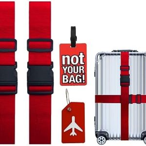 Luggage Straps for Suitcase Buckle Adjustable Luggage Strap,2 Pieces Luggage Straps+2 Pieces Tags,Suitcase Travel Accessories for Protecting and Identification Luggage(Red)