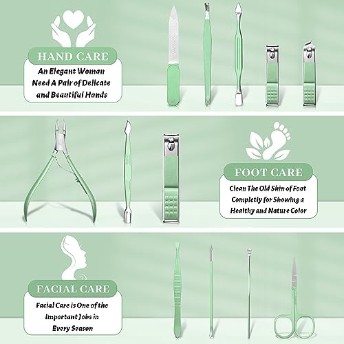 Nail Clipper Manicure Set, Manicure Pedicure Kit Professional, Travel Manicure Set for Women Men, Manicure & Pedicure Tools & Accessories, Nail Care Tool with Green Leather Travel Bag, Set 12 in 1 - Image 2