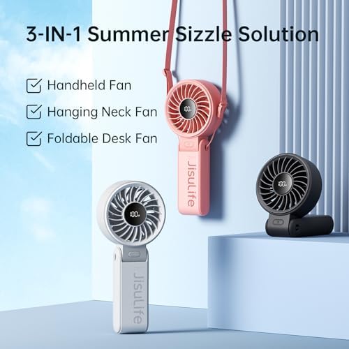 JISULIFE Handheld Fan Life7 – Ultimate Flexibility: High-Power Motor, LED Display, 5000mAh Rechargeable, 5-Speed, Foldable Design, 3-IN-1 Portable Hand/Desk/Neck Fan for Travel, Gift for Women (Black) - Image 7