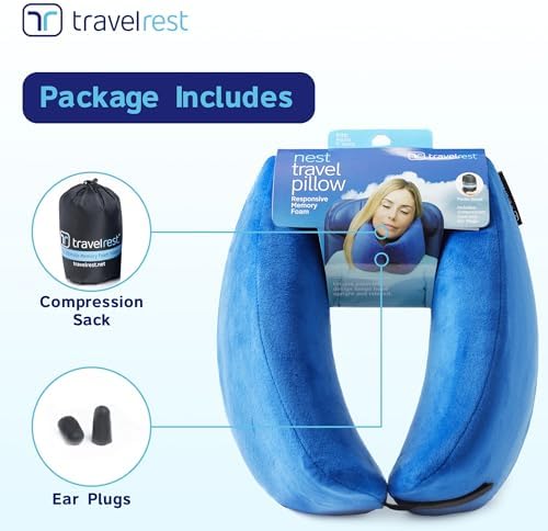 Travelrest Nest Memory Foam Travel Neck Pillow, Advanced Support for Long Flights, Patented Design for Optimal Relaxation, Compact, Ergonomic, and Washable, On-the-Go and Attacthes to Luggage Blue - Image 3
