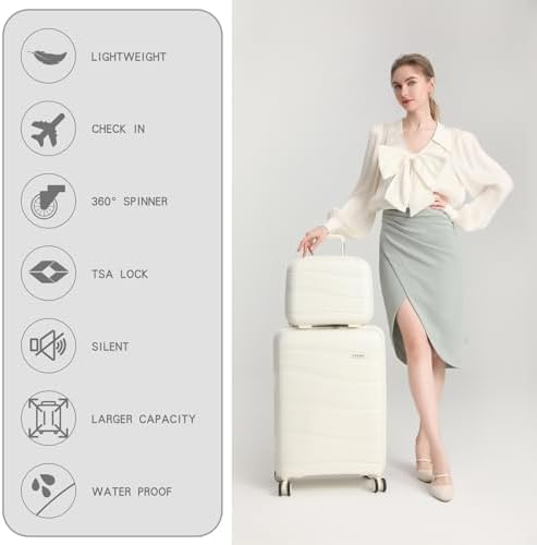 Kono Suitcase Sets of 2 Piece Lightweight Carry On Hand Cabin Luggage Polypropylene Hard Shell Suitcase with TSA Lock Spinner Wheels Travel with Beauty Case (Set of 2, White) - Image 7
