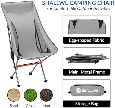 SHALLWE Ultralight High Back Folding Camping Chair, Upgraded All Aluminum Frame for Adult, Built-in Pillow, Side Pocket & Carry Bag, Compact & Heavy Duty for Outdoor Backpacking(Silver) - Image 5