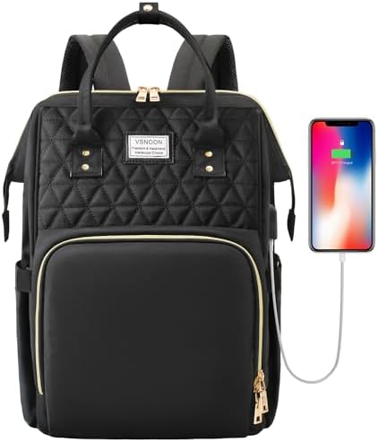 Laptop Backpack for Women,15.6 Inch Stylish Laptop Rucksack Wide Open, Travel Backpack with USB Charging Port, Water Resistant Work Bag Computer Backpack for Women, Black