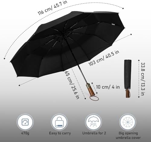 ECOHUB Travel Umbrella Windproof Strong With Compact Foldable, Automatic Open/Close, 10 Sturdy Ribs, Recycled PET Fabric, Wooden Handle & Ventilated Waterproof Canopy - Anti-Lost Sleeve, Black - Image 6